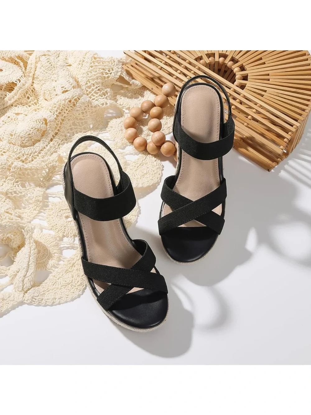 Mikarka Black Espadrille Wedge Sandals for Women